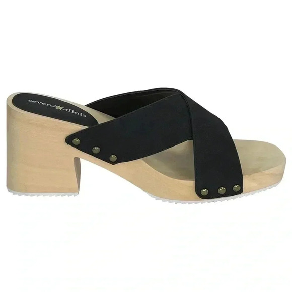 Seven Dials Malta Black Faux Leather Wooden Platform Womens Sandals Size 7.5M - Picture 4 of 11